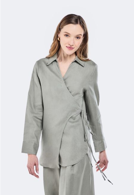 Side Tie Wrap Linen Shirt