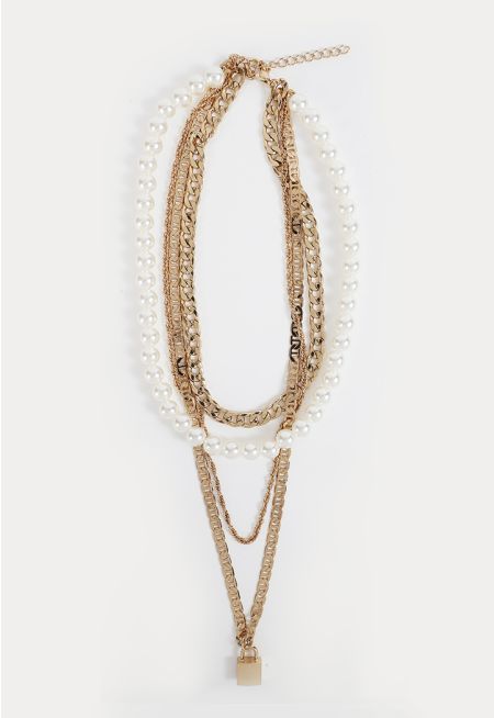Gold Toned Faux Pearl Layered Lock Necklace -Sale