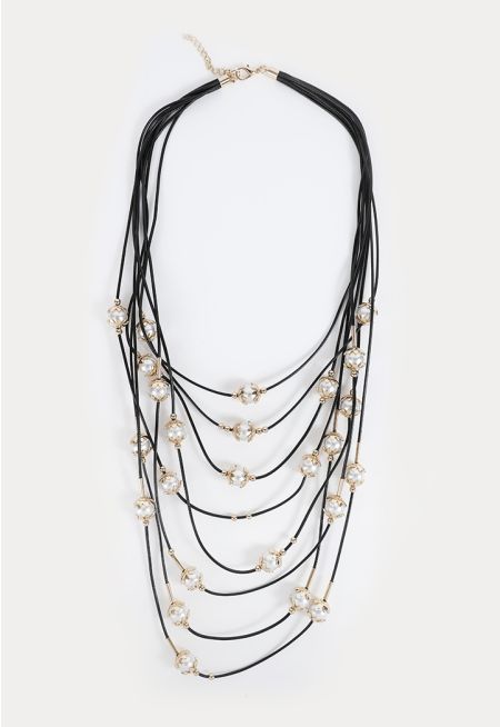 Multi layered Opera Length Necklace With Faux Pearls -Sale
