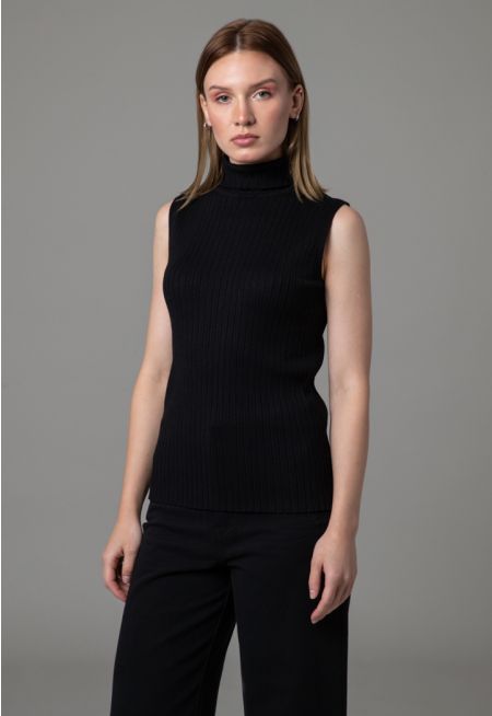 Ribbed Knitted Textured High Neck Basic Top
