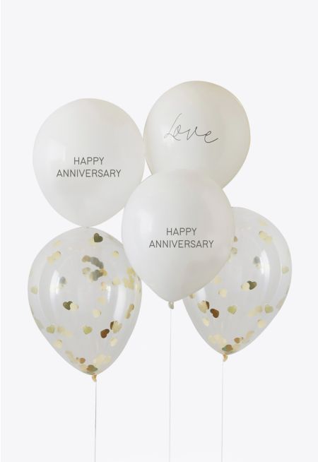 White and Gold Confetti Happy Anniversary Balloons