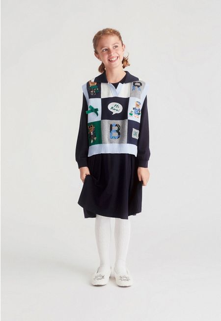 Solid Dress and Knit Vest Set (2PCS)