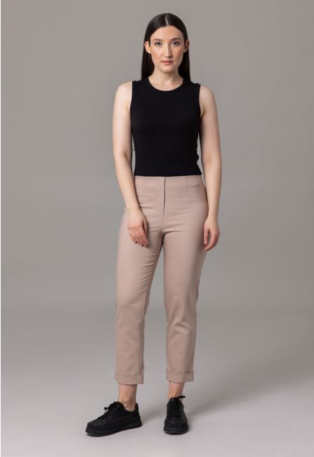 Elasticated Waist High Rise Folded Hem Solid Trousers