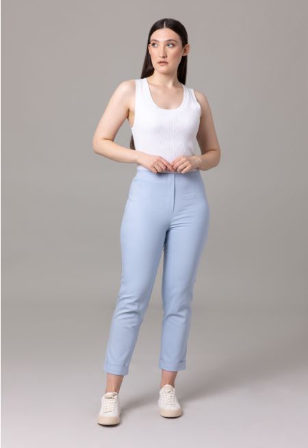 Elasticated Waist High Rise Folded Hem Solid Trousers