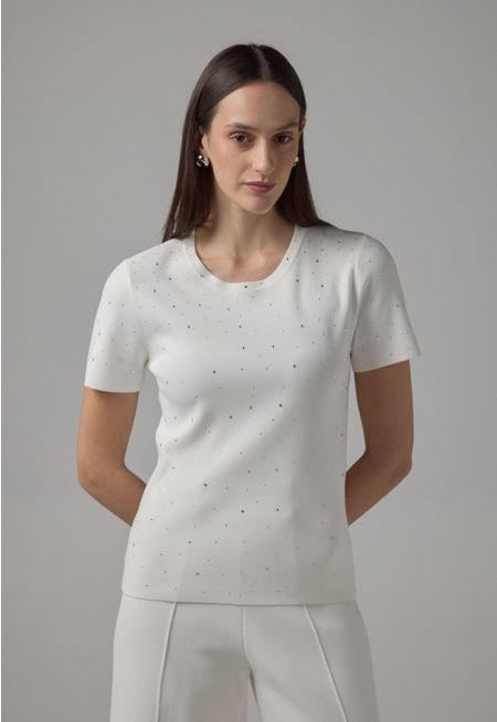 Solid Crystal Embellished Knitted T-Shirt
