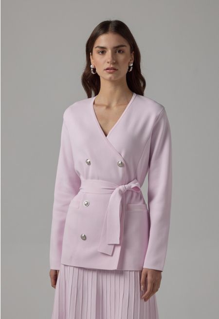 Knitted Double Breasted Solid Belted Cardigan