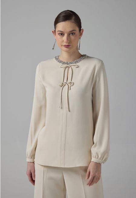 Crystal Embellished Bow-Detail Blouse