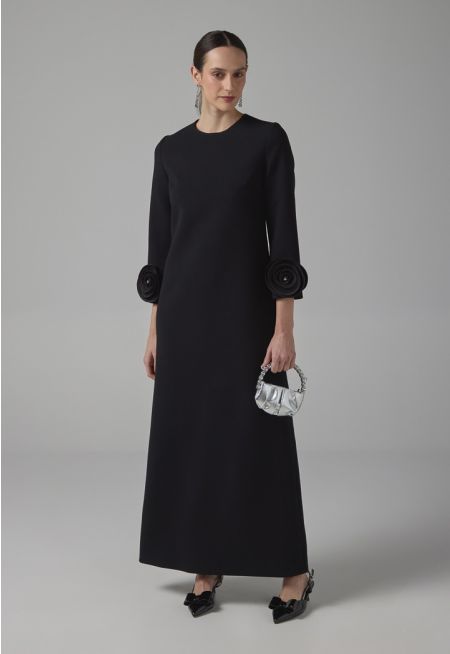 Long Sleeves 3D Flowers Patch Maxi Dress