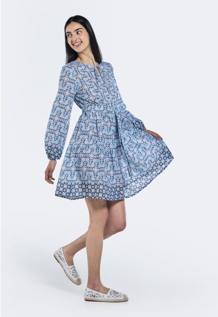 Printed Belted Midi Dress