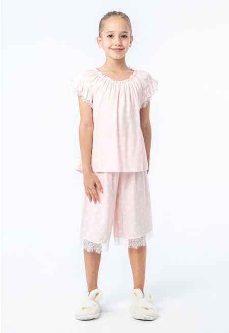 Polka Dots High-Low Ruffles Lace Pajama Set -Sale