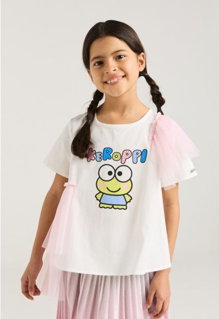 Mesh Embellished Keroppi Printed T Shirt