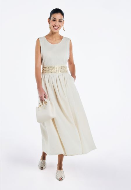 Sleeveless Pleated Waist Dress