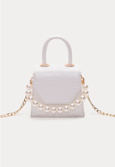 Textured Mini Tote Bag With Pearly Handle -Sale