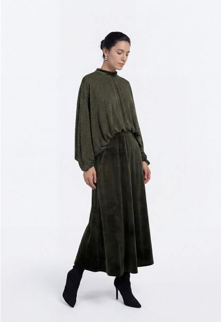 Velvet Dress with Cape Overlay Set (2PCS)