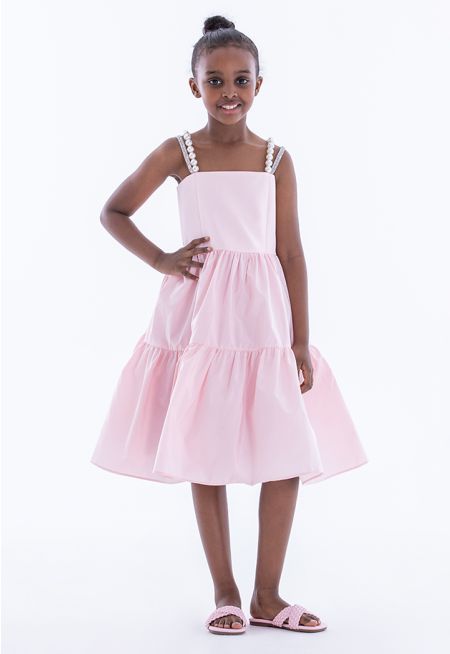 Pearls And Strass Double Straps Tiered Taffeta Dress