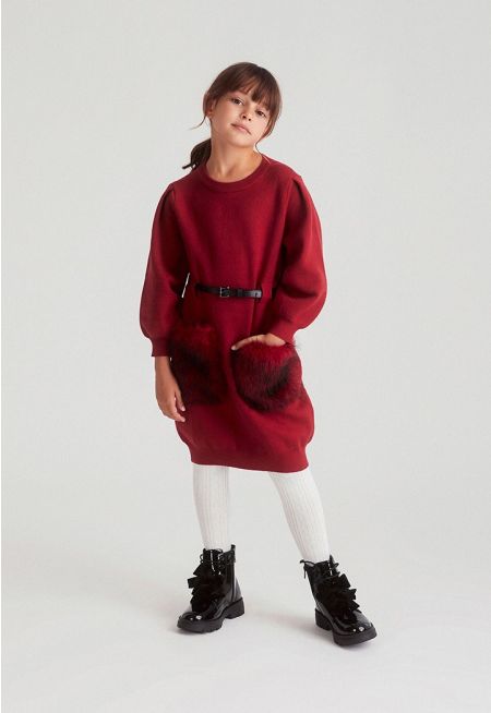 Fur Pocket Knit Dress