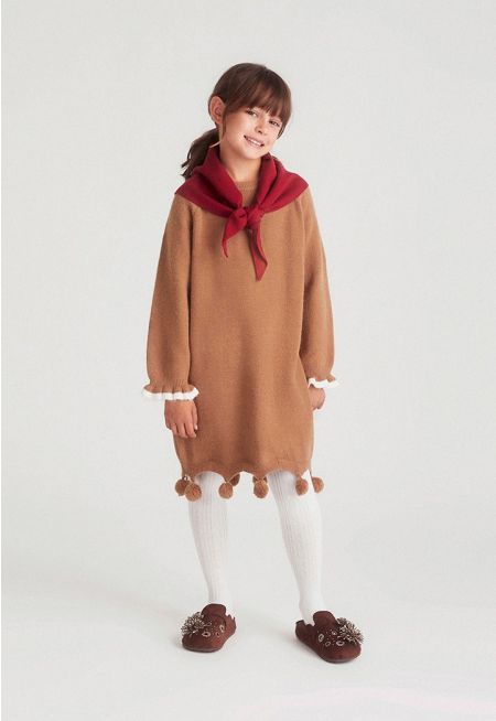 Pom Pom Knit Dress with Scarf