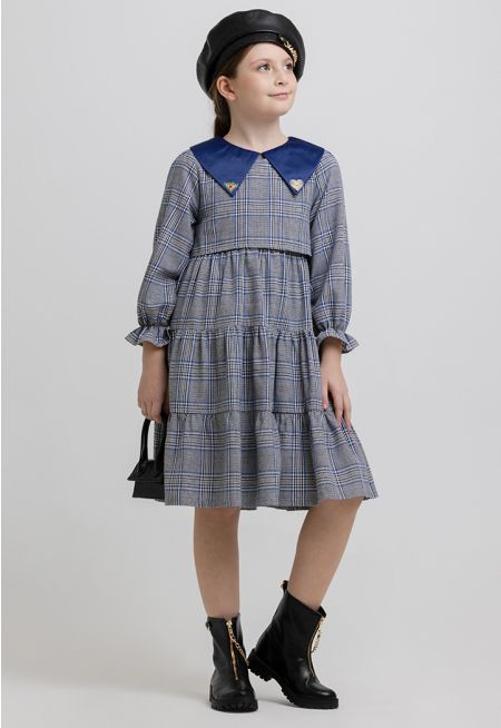All Over Printed Contrast Peter Pan Collar Tiered Dress -Sale