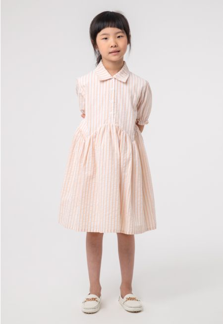 Stripe Elastic Ruffle Puff Sleeves Dress -Sale