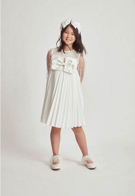 Bow Embellished Pleated Skirt Dress
