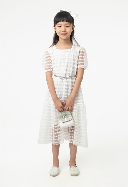 Flowers Puffy Organza Sleeves Dress With Belt -Sale