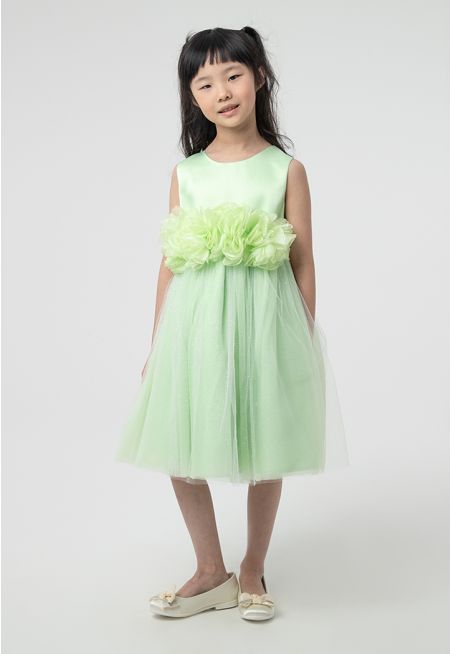 Solid Self Tie Flower Belt Glittery Party Dress -Sale