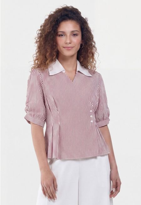 Wrap Pleated Striped Shirt