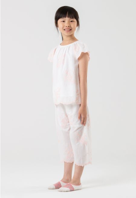 Floral Embroidered Scallop Pajama Set