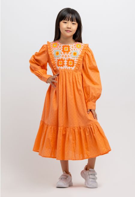 Hand Embroidered Ruched Frills Tiered Dress -Sale
