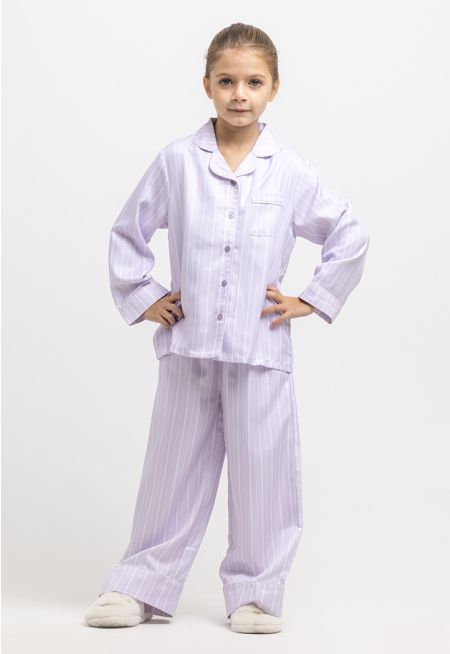 Satin Striped Collared Front Buttons Pajama Set -Sale