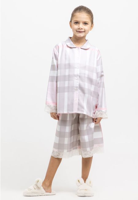 Checked Peter Pan Collared Buttons Pajama Set -Sale