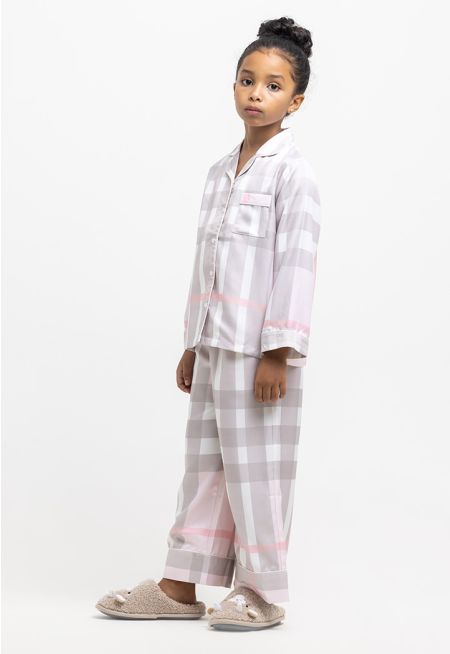 Checked Notch Lapel Collared Buttons Pajama Set -Sale