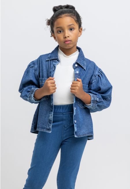 Puffy Sleeves Collared Buttoned Denim Shirt -Sale
