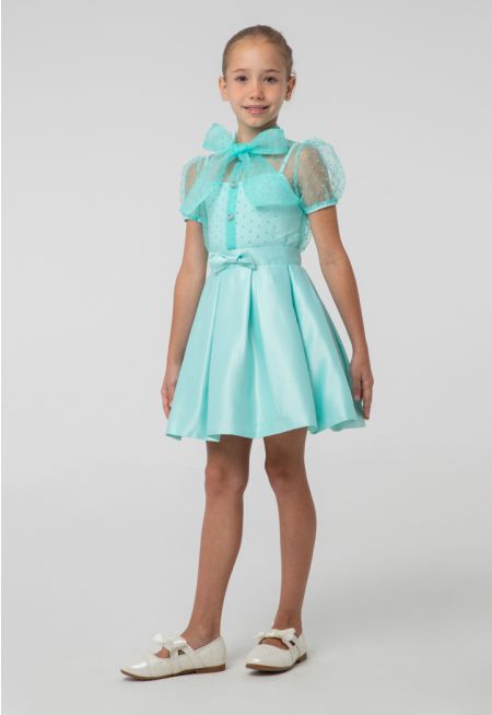 Solid Box Pleated Bow Flare Skirt -Sale