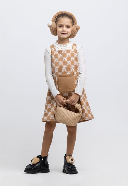 Teddy Bear Knitted Ribbed Blouse And Sleeveless Dress Set -Sale