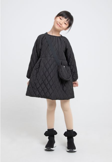Puffy Sleeves Quilted A-Line Winter Dress With Bag
