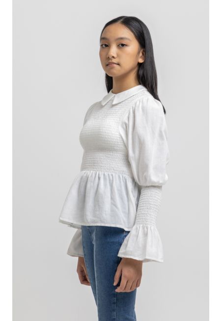 Collared Seer Sucker Solid Ruffled Blouse -Sale