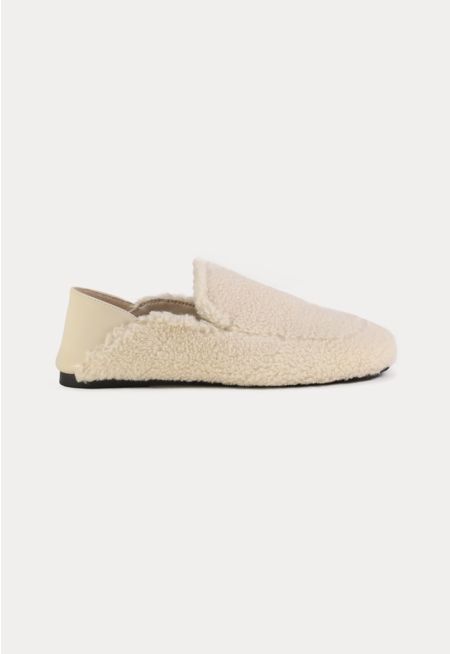 Furry Vamp Leather Back Details Loafers -Sale