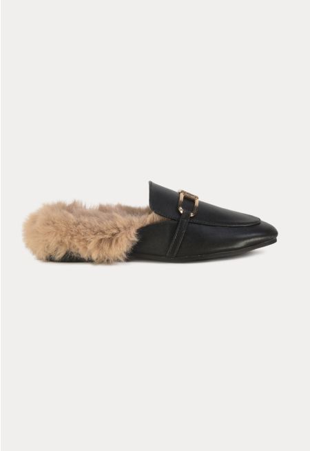 Metal Decor Vamp Fluffy Flat Loafers -Sale